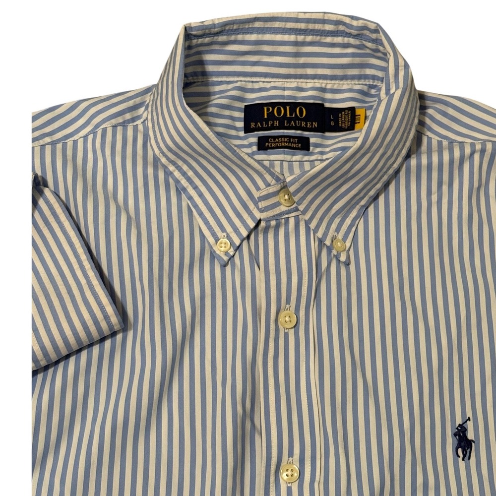 Polo Ralph Lauren Classic Fit Striped Shirt Men Large Performance‎ Blue White